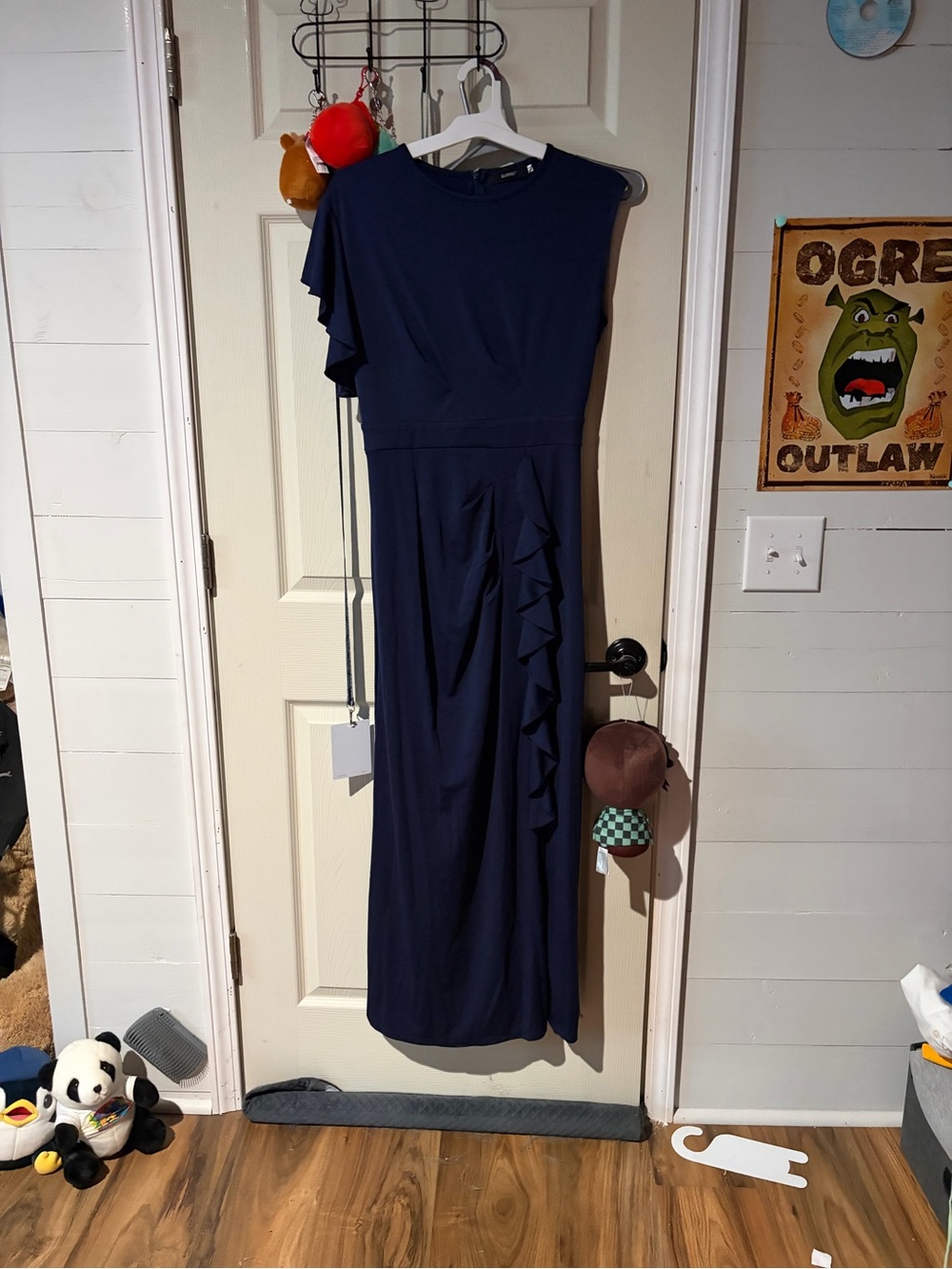 Elegant Navy Blue Ruffle Detail Women's Dress
